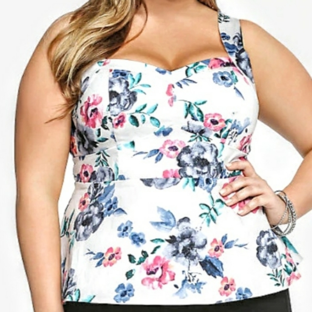 Torrid Floral Sateen Peplum Tank Top 1X White